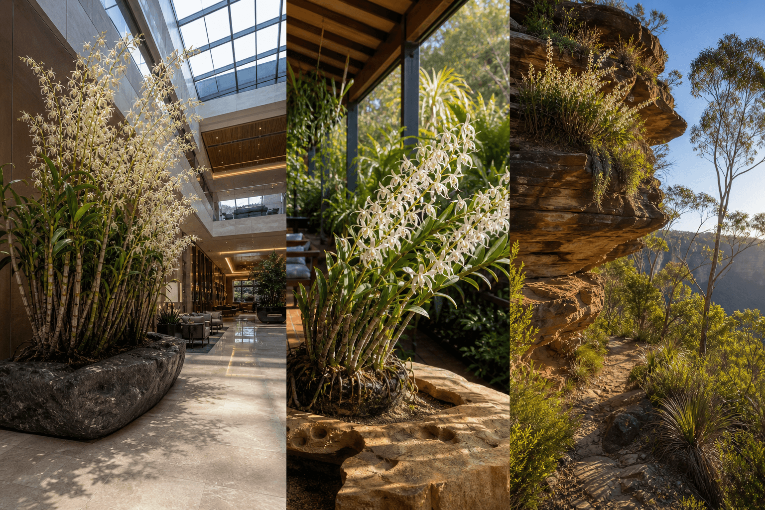 Speciosum dendrobium orchid shown in three settings: Refined living room, Bright architectural entryway, Sheltered patio