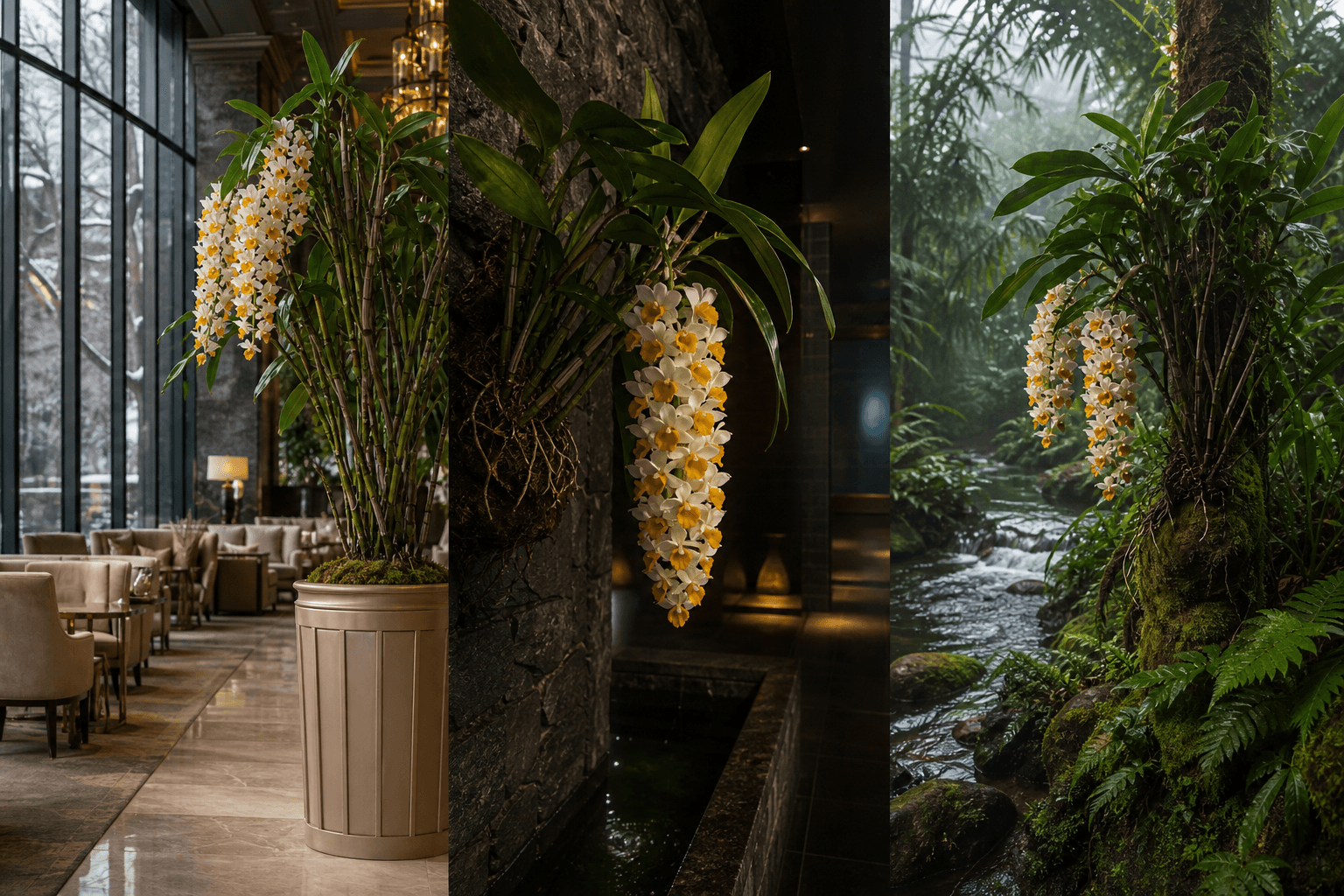 Thyrsiflorum dendrobium orchid shown in three settings: Refined living room, Bright architectural entryway, Sheltered patio