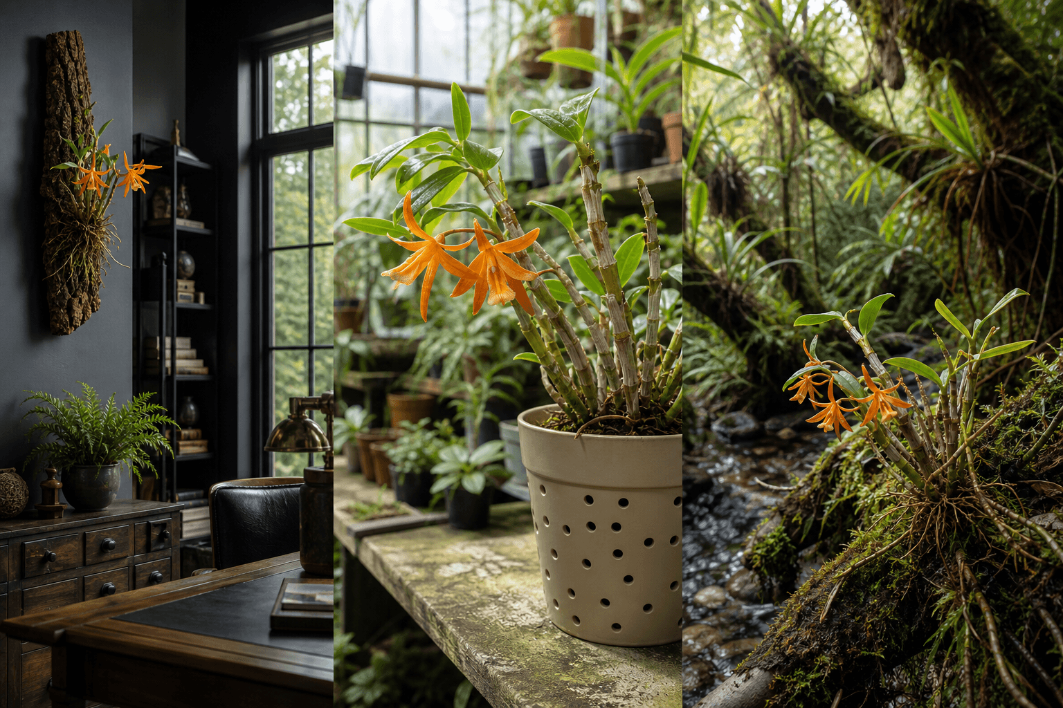 Unicum dendrobium orchid shown in three settings: Refined living room, Bright architectural entryway, Sheltered patio