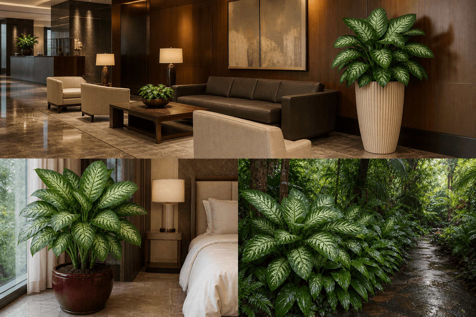 Amoena dieffenbachia shown in three settings: Executive office, Refined living room, Bright conservatory
