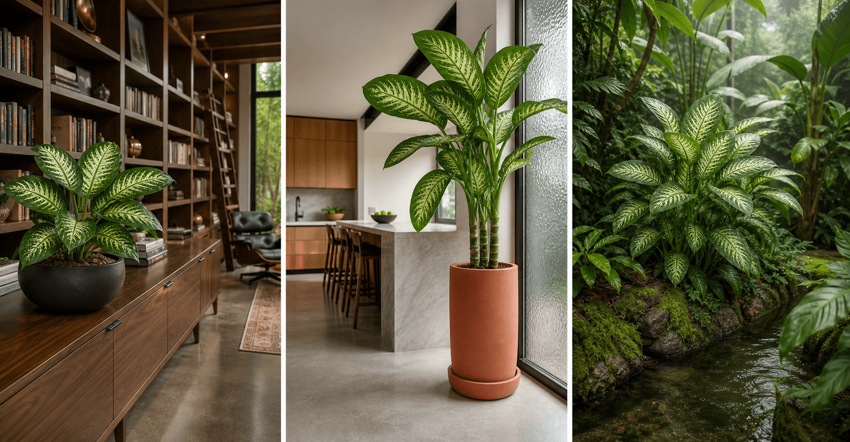 Maculata dieffenbachia shown in three settings: Executive office, Refined living room, Bright conservatory