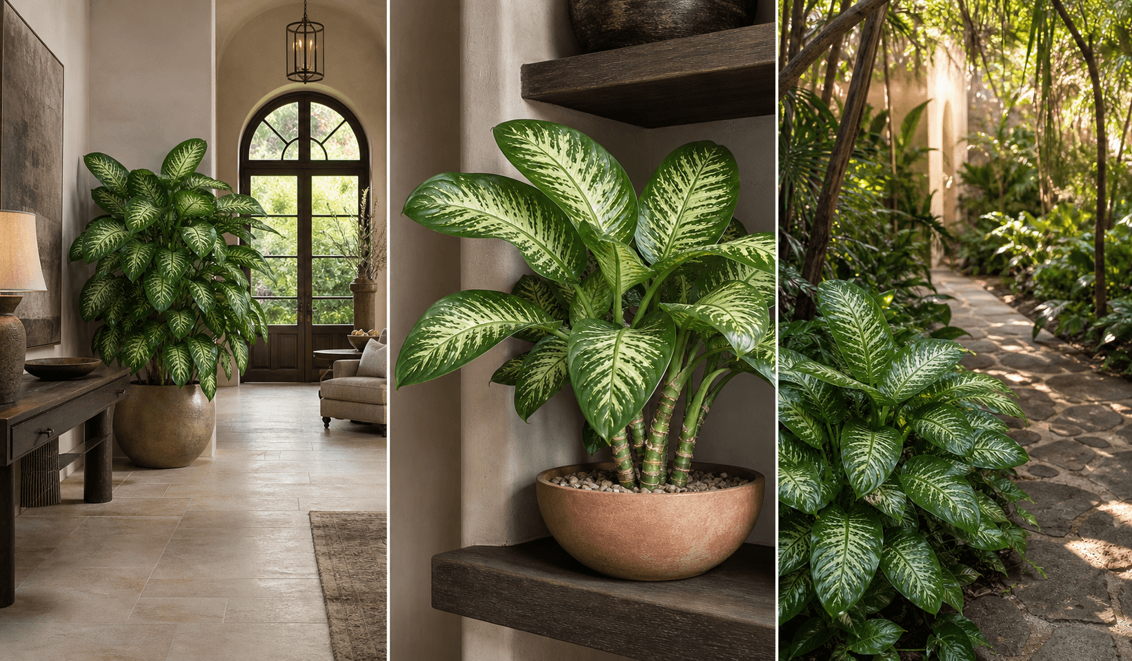 Seguine dieffenbachia shown in three settings: Executive office, Refined living room, Bright conservatory