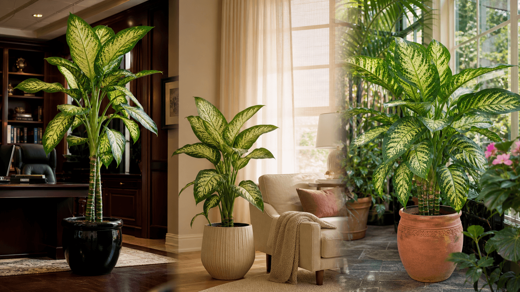 Dieffenbachia shown in three settings: Executive office, Refined living room, Bright conservatory