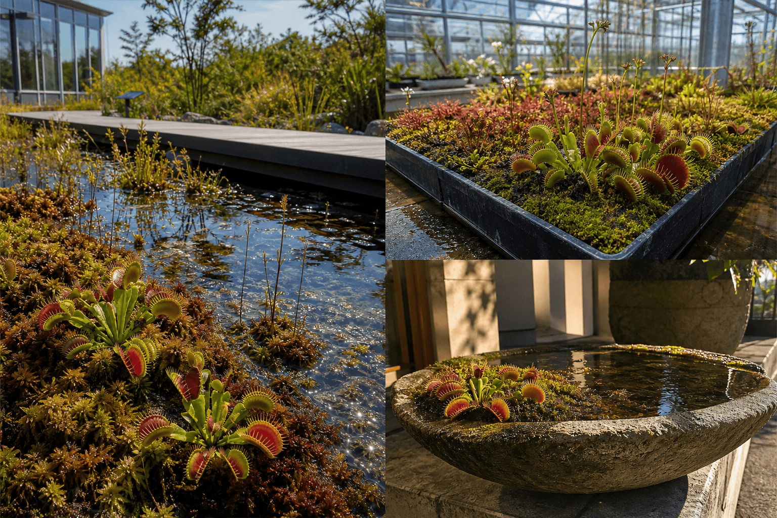 Venus Flytrap shown in three settings: Bright executive office, Modern living room, Sheltered patio