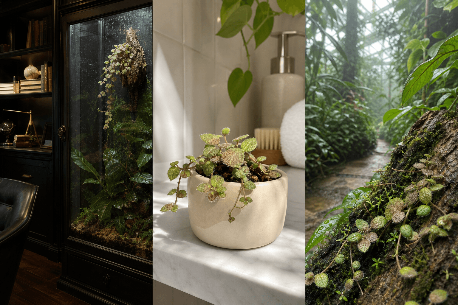 Hirsuta ant-plant vine shown in three settings: Executive office shelf, Living room hanging planter, Glass conservatory display