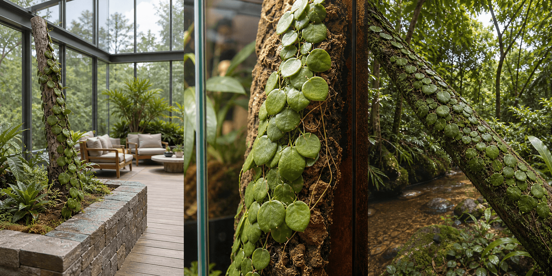 Imbricata ant-plant vine shown in three settings: Executive office shelf, Living room hanging planter, Glass conservatory display