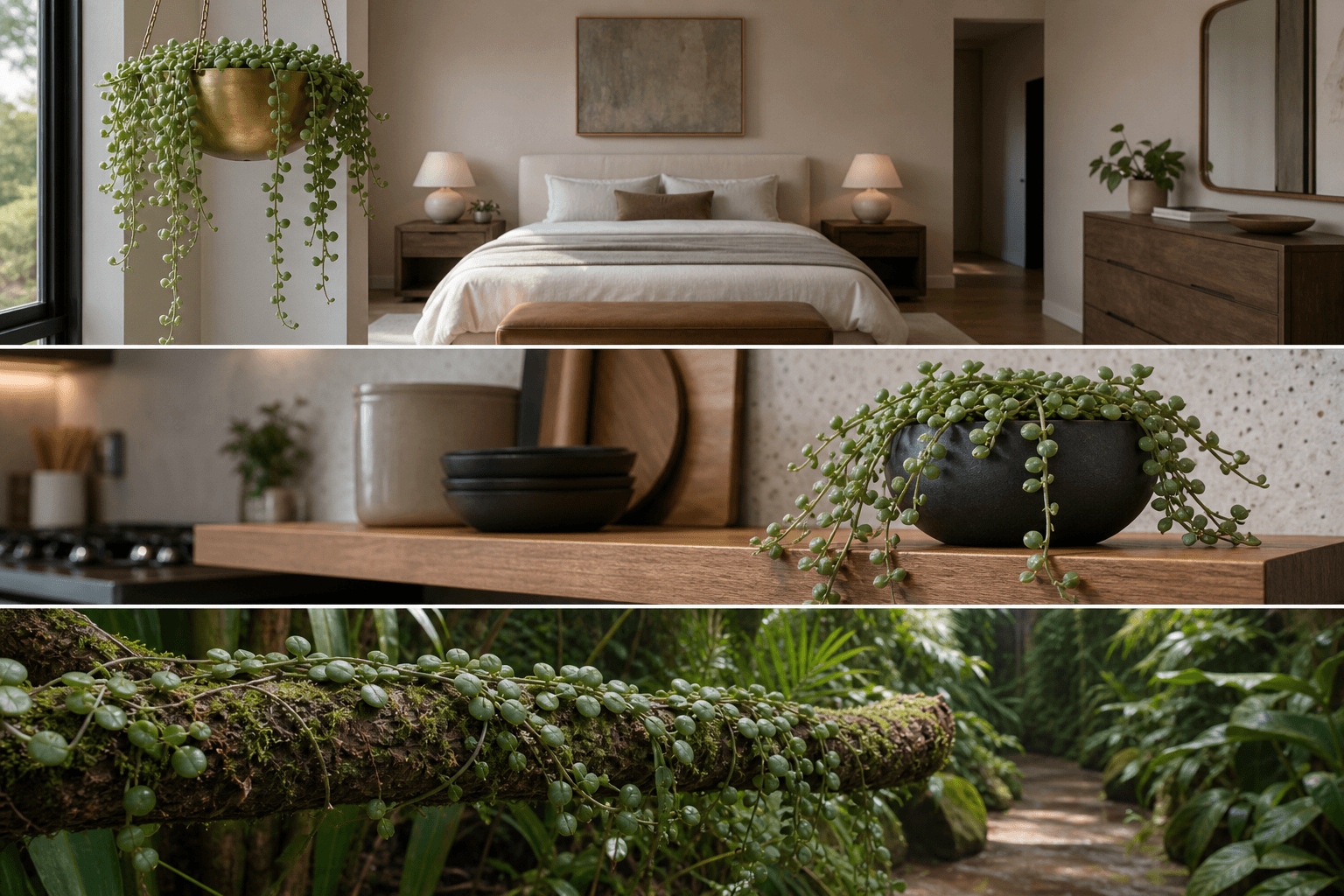 Nummularia ant-plant vine shown in three settings: Executive office shelf, Living room hanging planter, Glass conservatory display