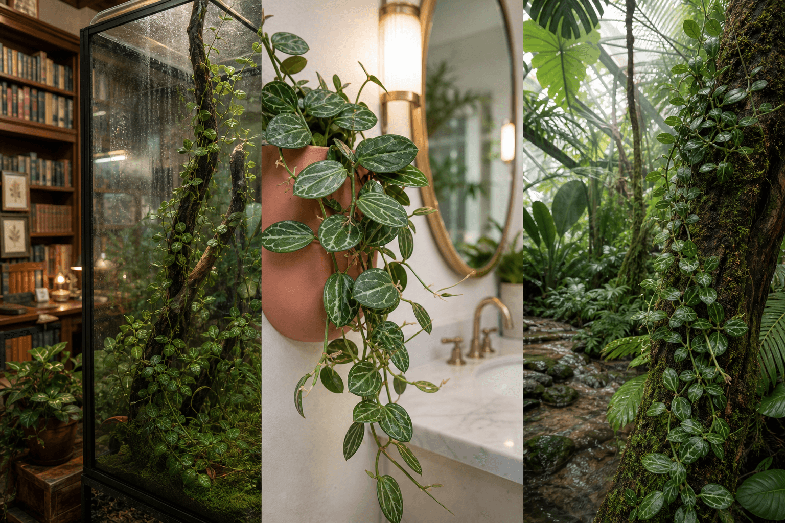 Ovata ant-plant vine shown in three settings: Executive office shelf, Living room hanging planter, Glass conservatory display