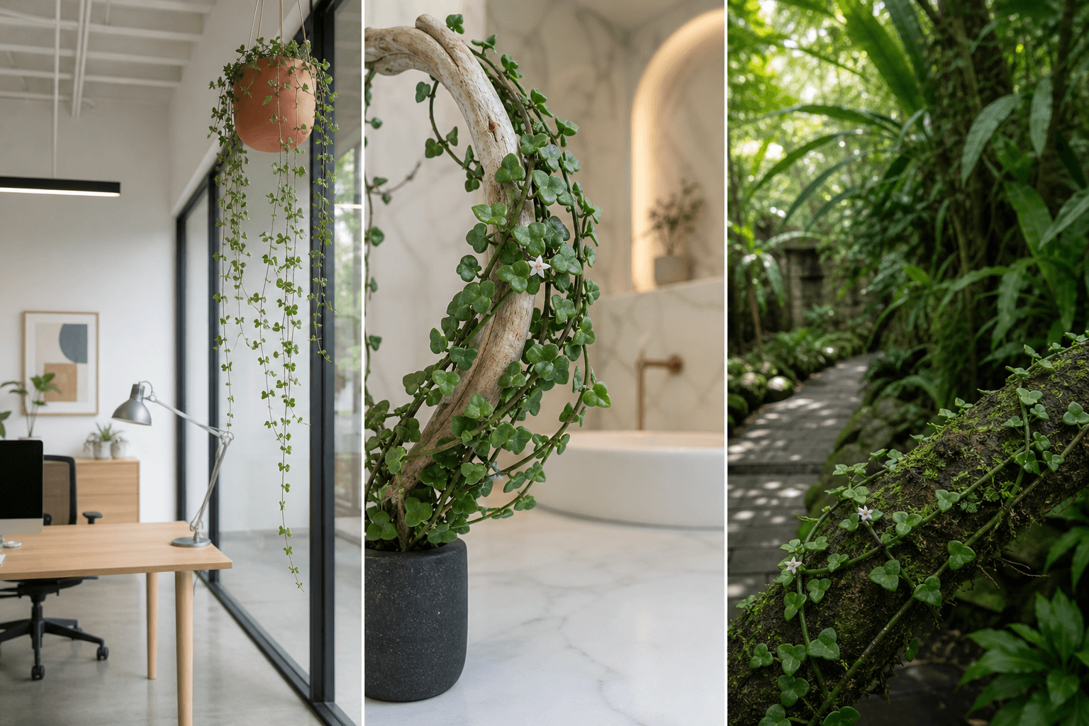 Ruscifolia ant-plant vine shown in three settings: Executive office shelf, Living room hanging planter, Glass conservatory display