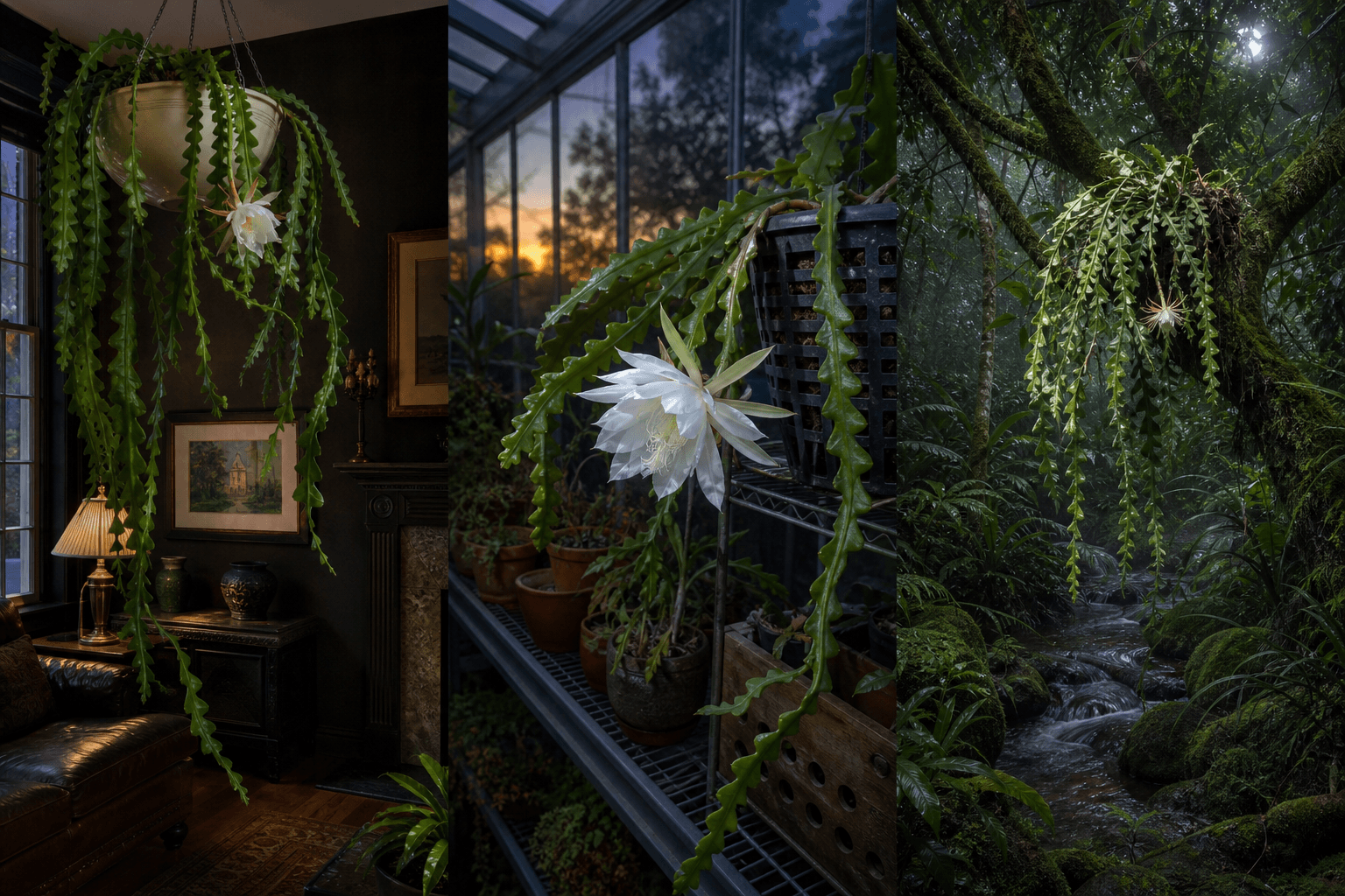 Anguliger orchid cactus shown in three settings: Executive office shelf, Living room hanging planter, Glass conservatory display