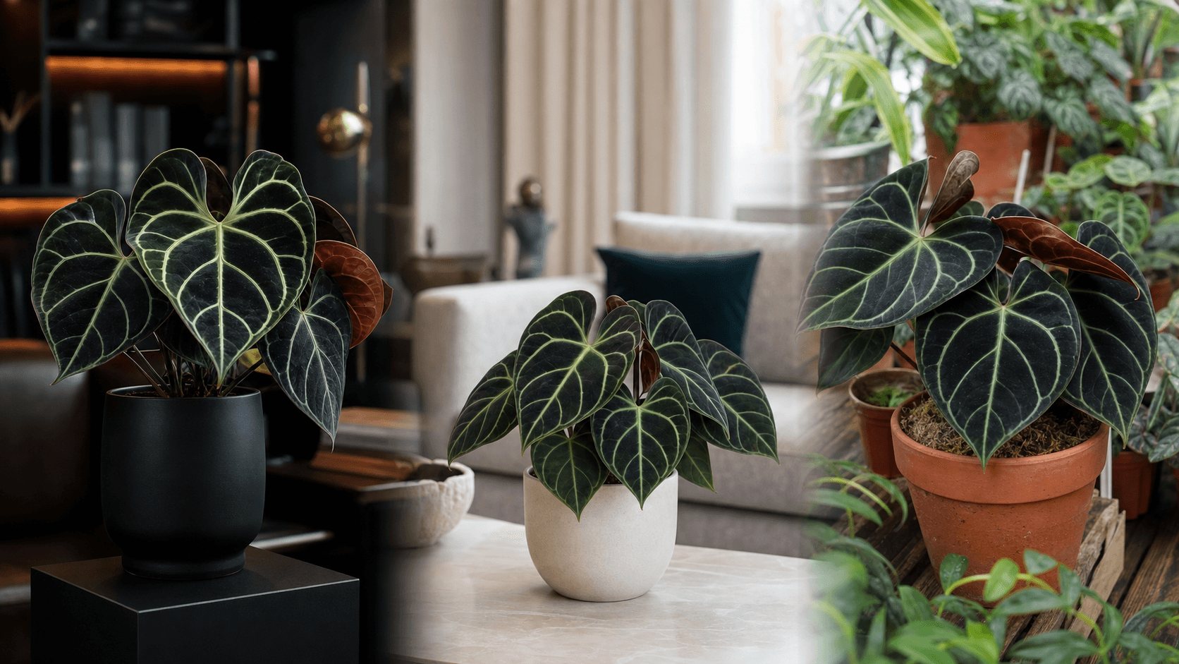 DocBlock Michelle Anthurium shown in three settings: Executive office, Refined living room, Bright conservatory