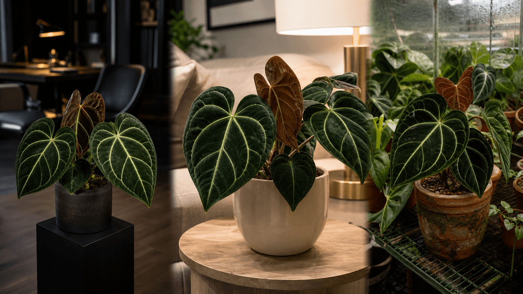 DocBlock Michelle × Zara F3 Anthurium shown in three settings: Executive office, Refined living room, Bright conservatory