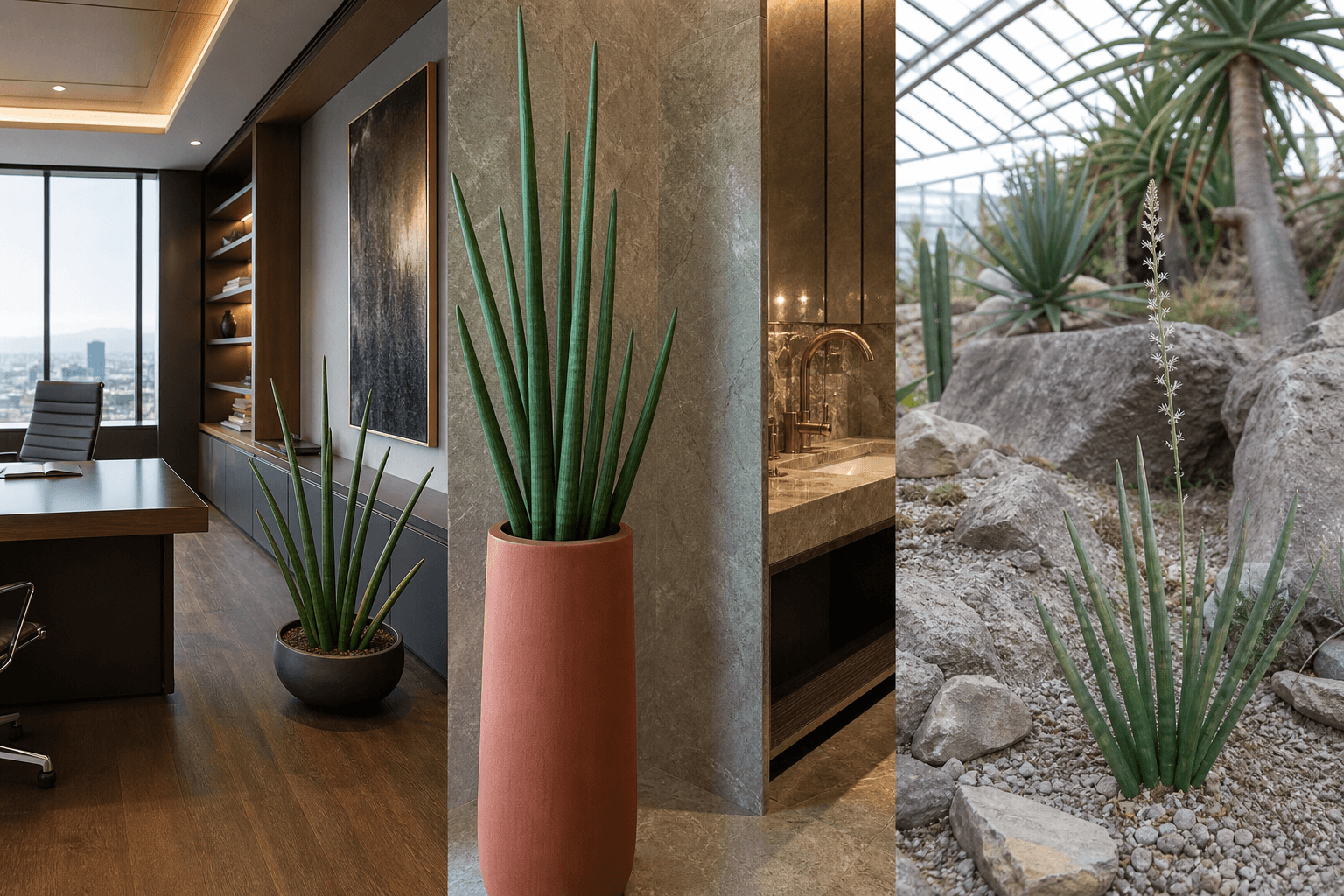 Angolensis dragon tree shown in three settings: Executive office, Refined living room, Bright conservatory