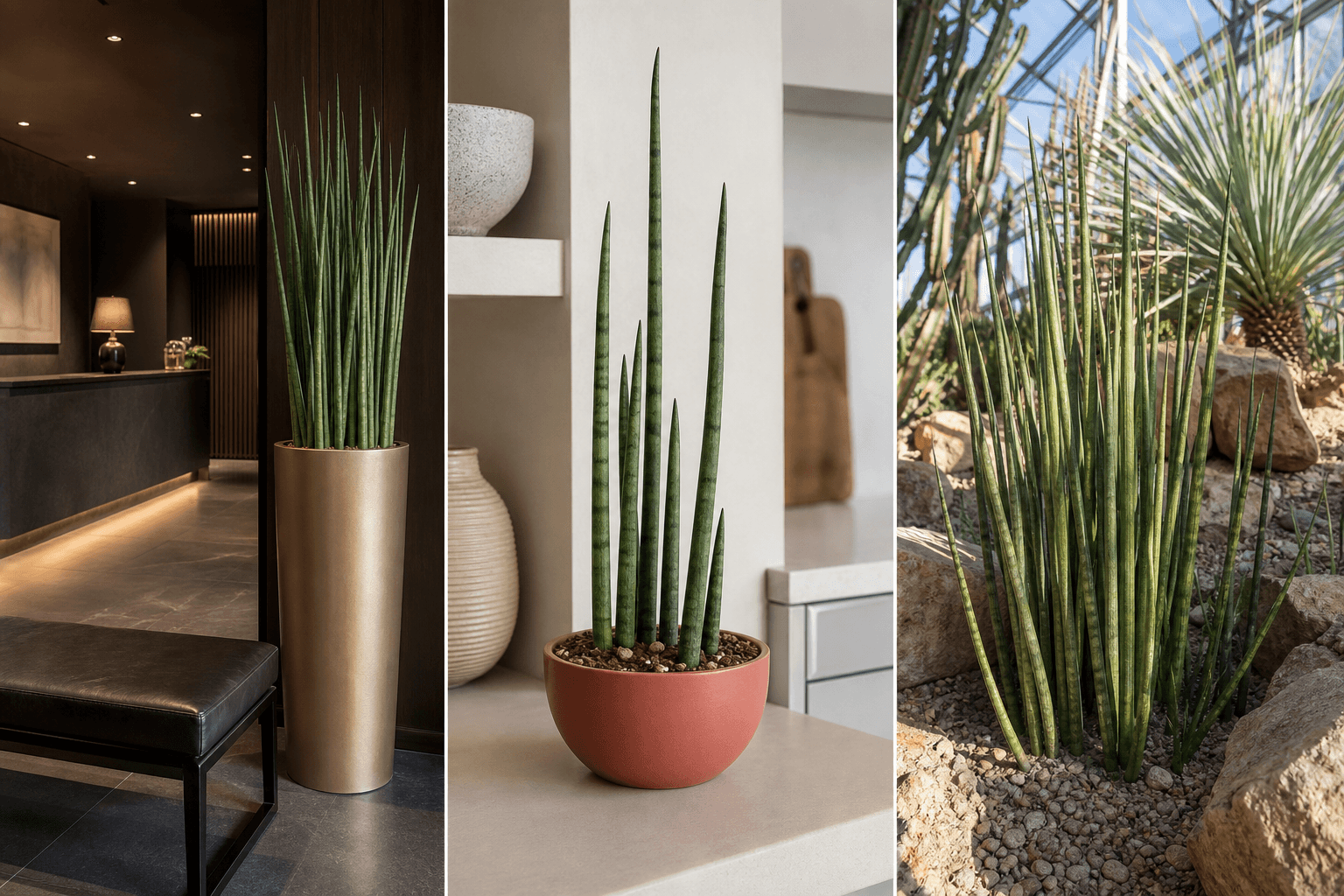 Bacularis dragon tree shown in three settings: Executive office, Refined living room, Bright conservatory