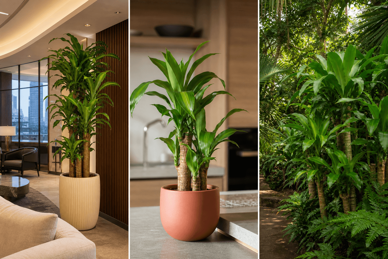 Corn Plant / Mass Cane shown in three settings: Executive office, Refined living room, Bright conservatory