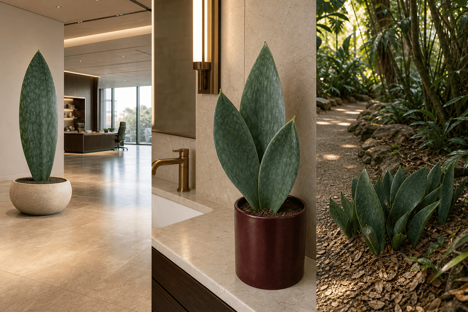 Masoniana dragon tree shown in three settings: Executive office, Refined living room, Bright conservatory