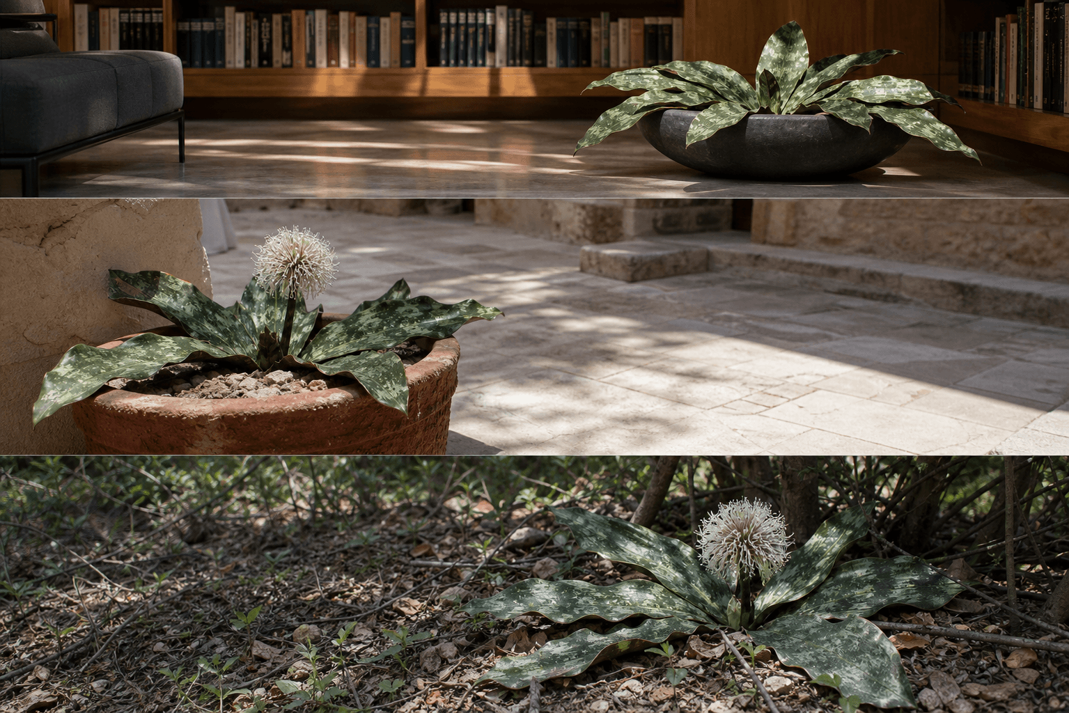 Pethera dragon tree shown in three settings: Executive office, Refined living room, Bright conservatory