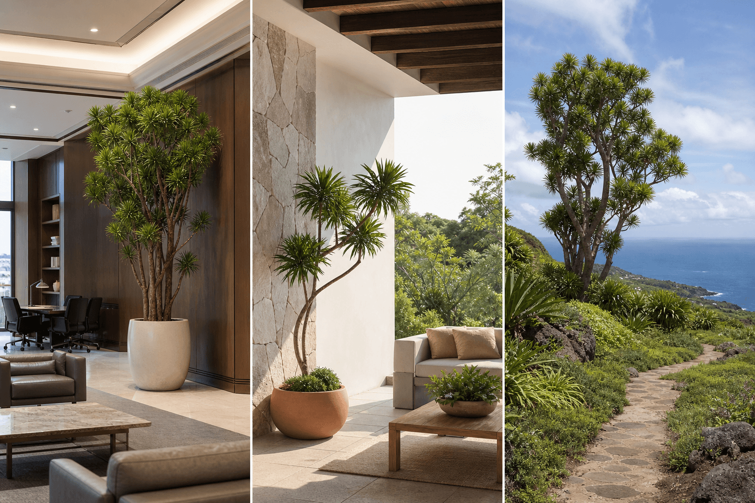 Reflexa dragon tree shown in three settings: Executive office, Refined living room, Bright conservatory