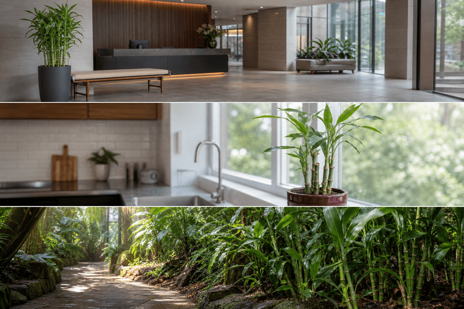 Lucky Bamboo shown in three settings: Executive office, Refined living room, Bright conservatory