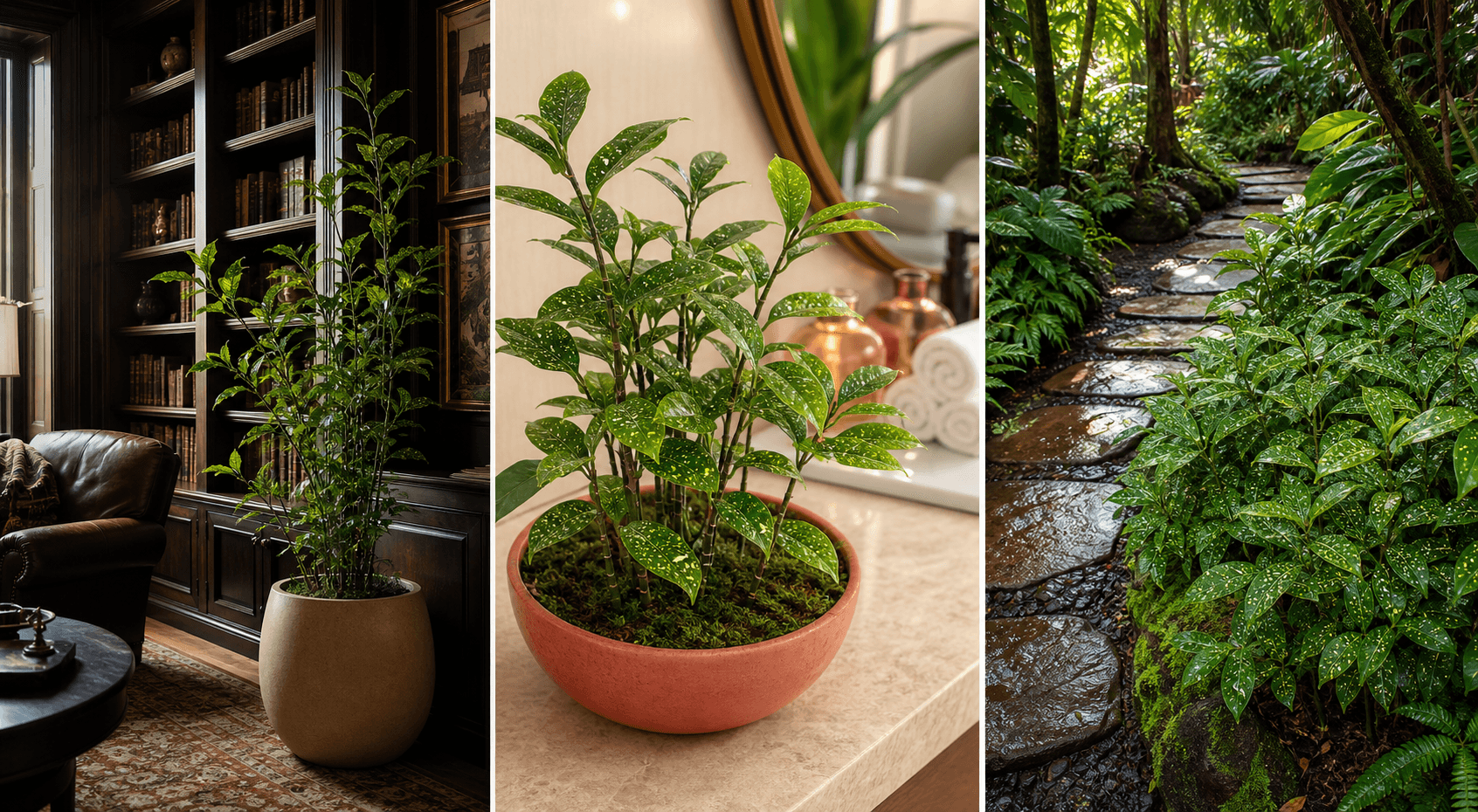 Surculosa dragon tree shown in three settings: Executive office, Refined living room, Bright conservatory