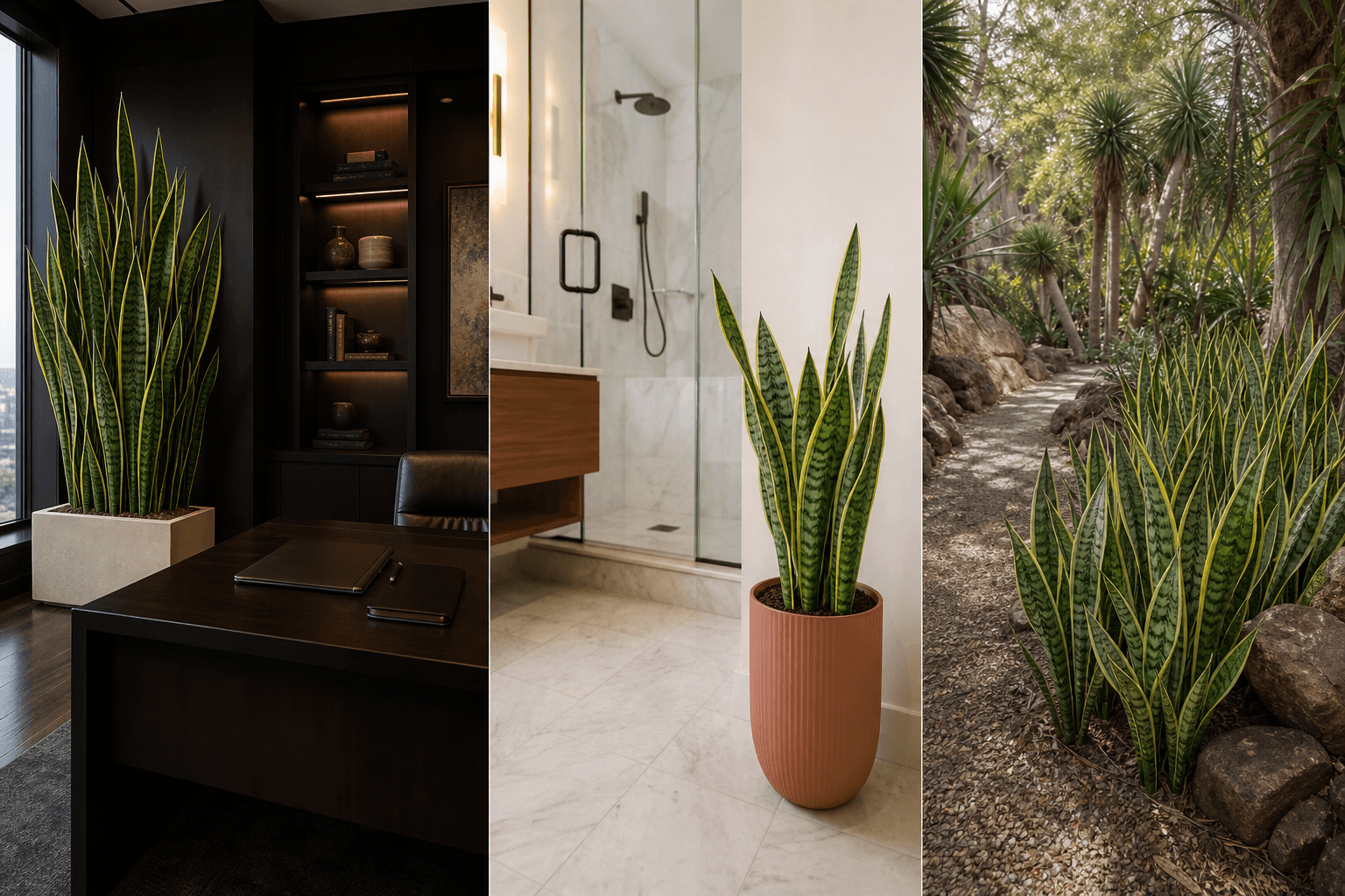 Trifasciata dragon tree shown in three settings: Executive office, Refined living room, Bright conservatory