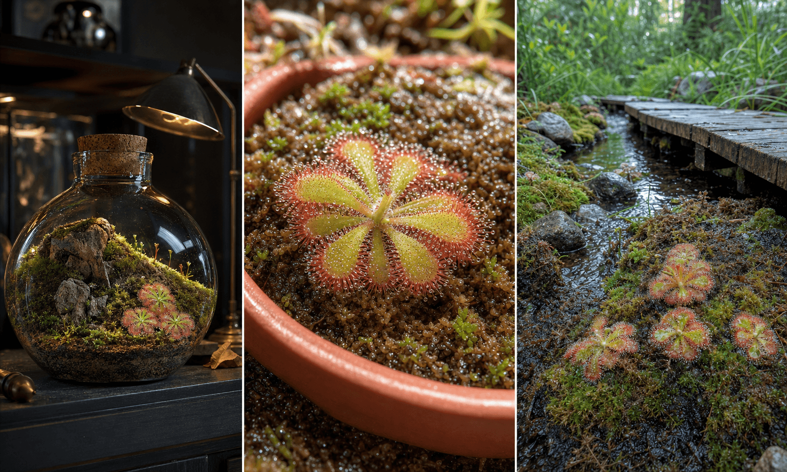 Aliciae sundew shown in three settings: Bright executive office, Modern living room, Sheltered patio