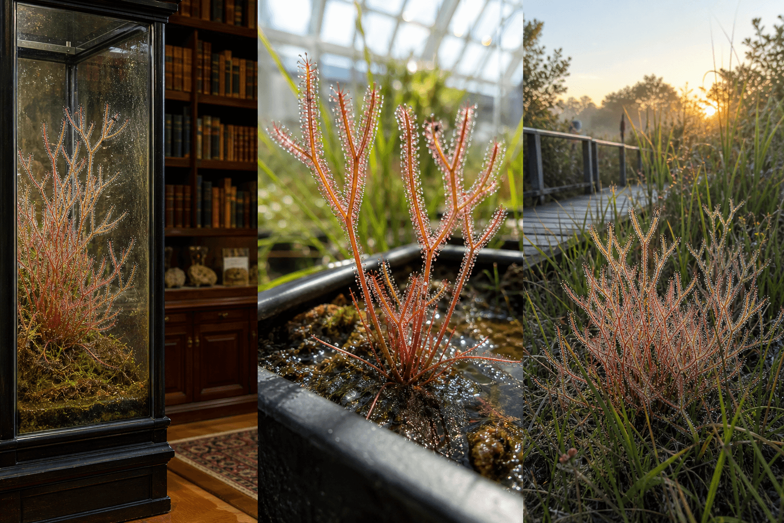 Binata sundew shown in three settings: Bright executive office, Modern living room, Sheltered patio