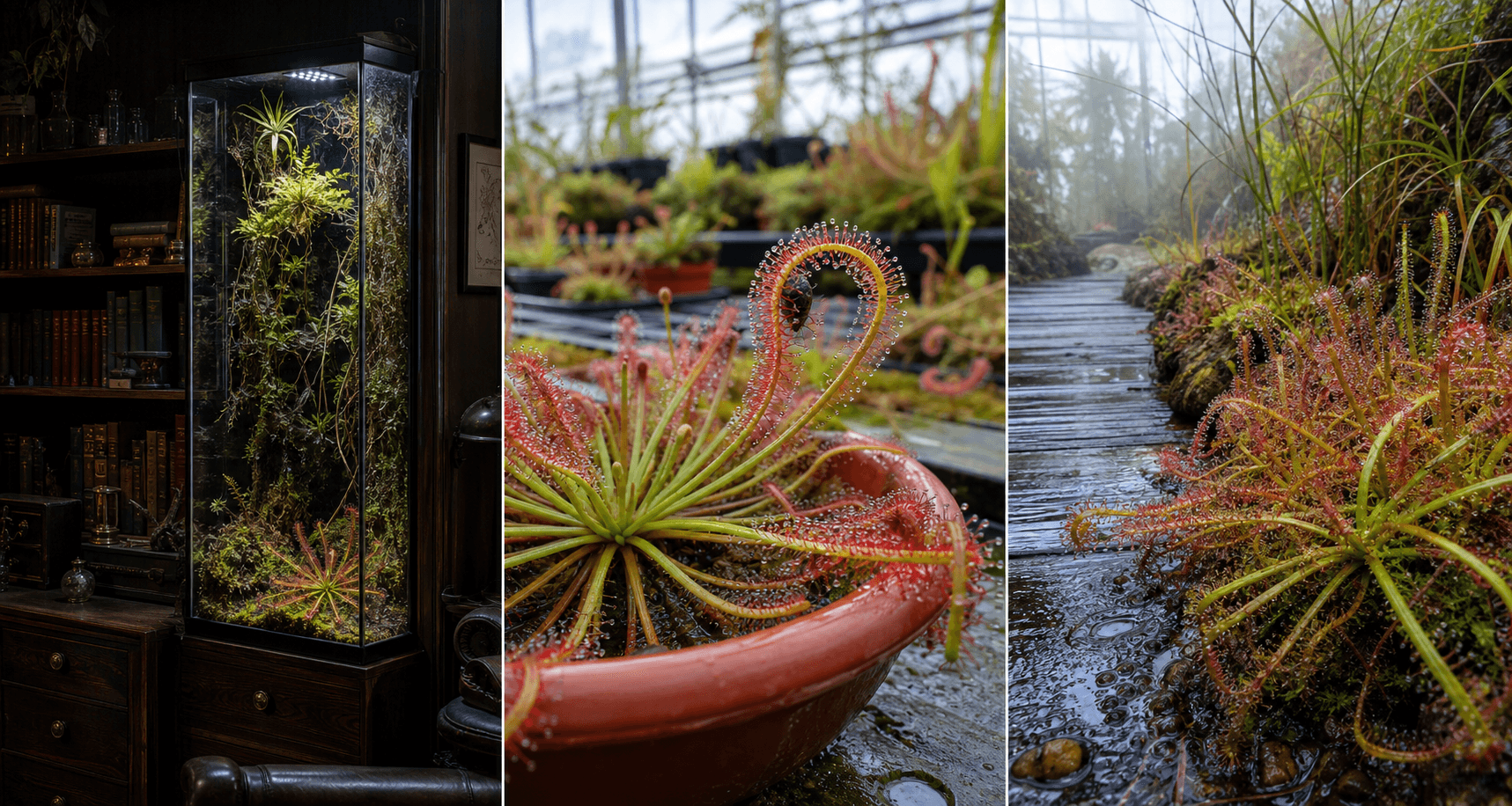 Capensis sundew shown in three settings: Bright executive office, Modern living room, Sheltered patio