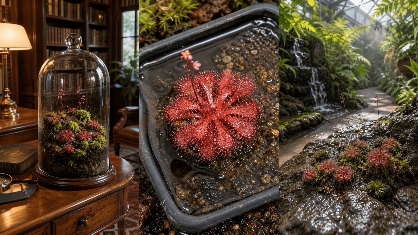 Spatulata sundew shown in three settings: Bright executive office, Modern living room, Sheltered patio