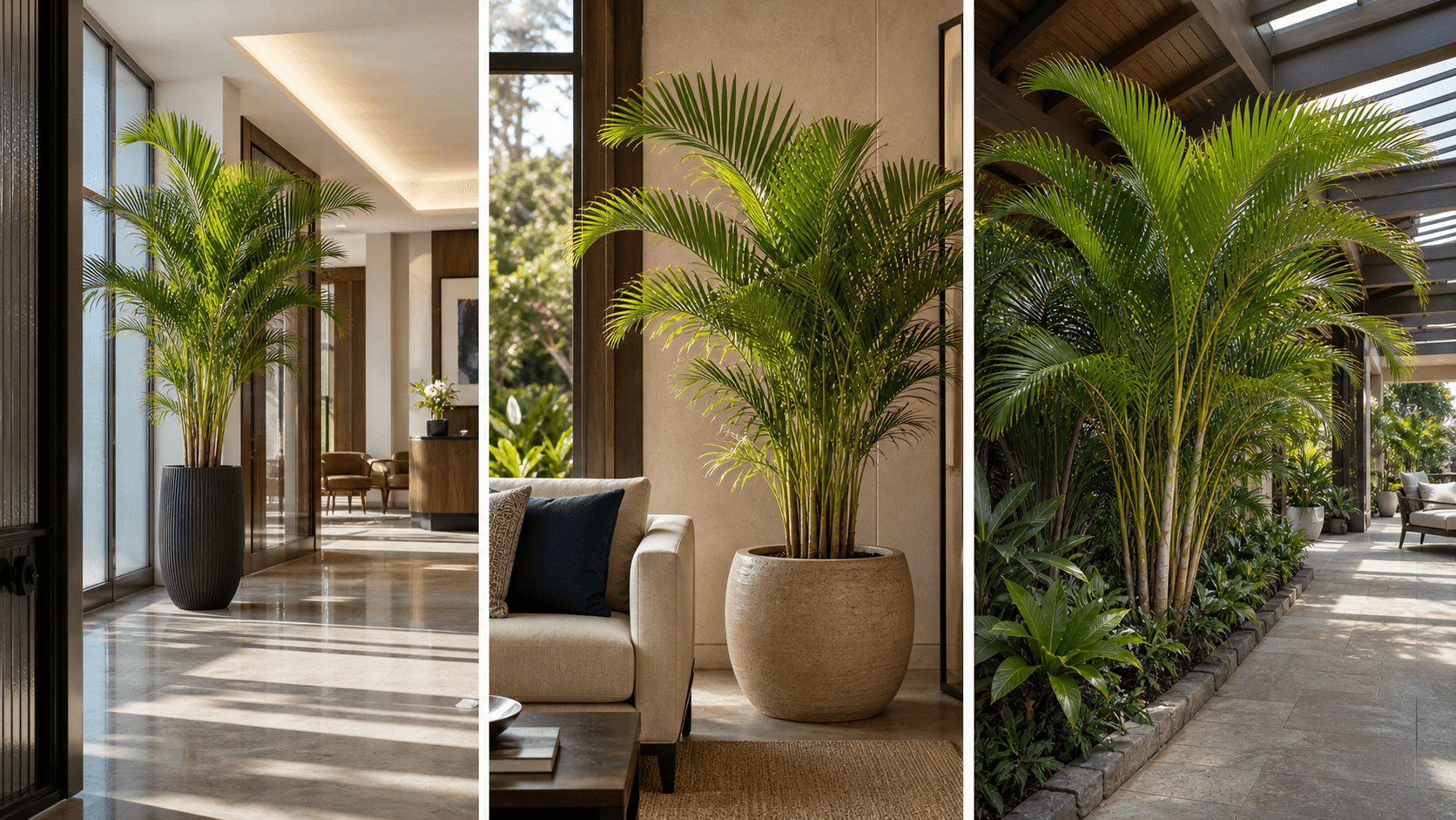 Areca Palm shown in three settings: Executive office, Refined living room, Bright conservatory
