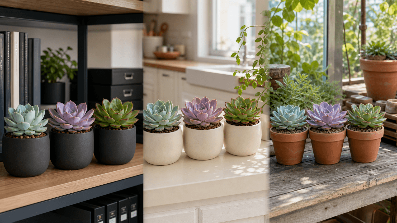 Echeveria cultivars shown in three settings: Bright executive office, Modern living room, Sheltered patio