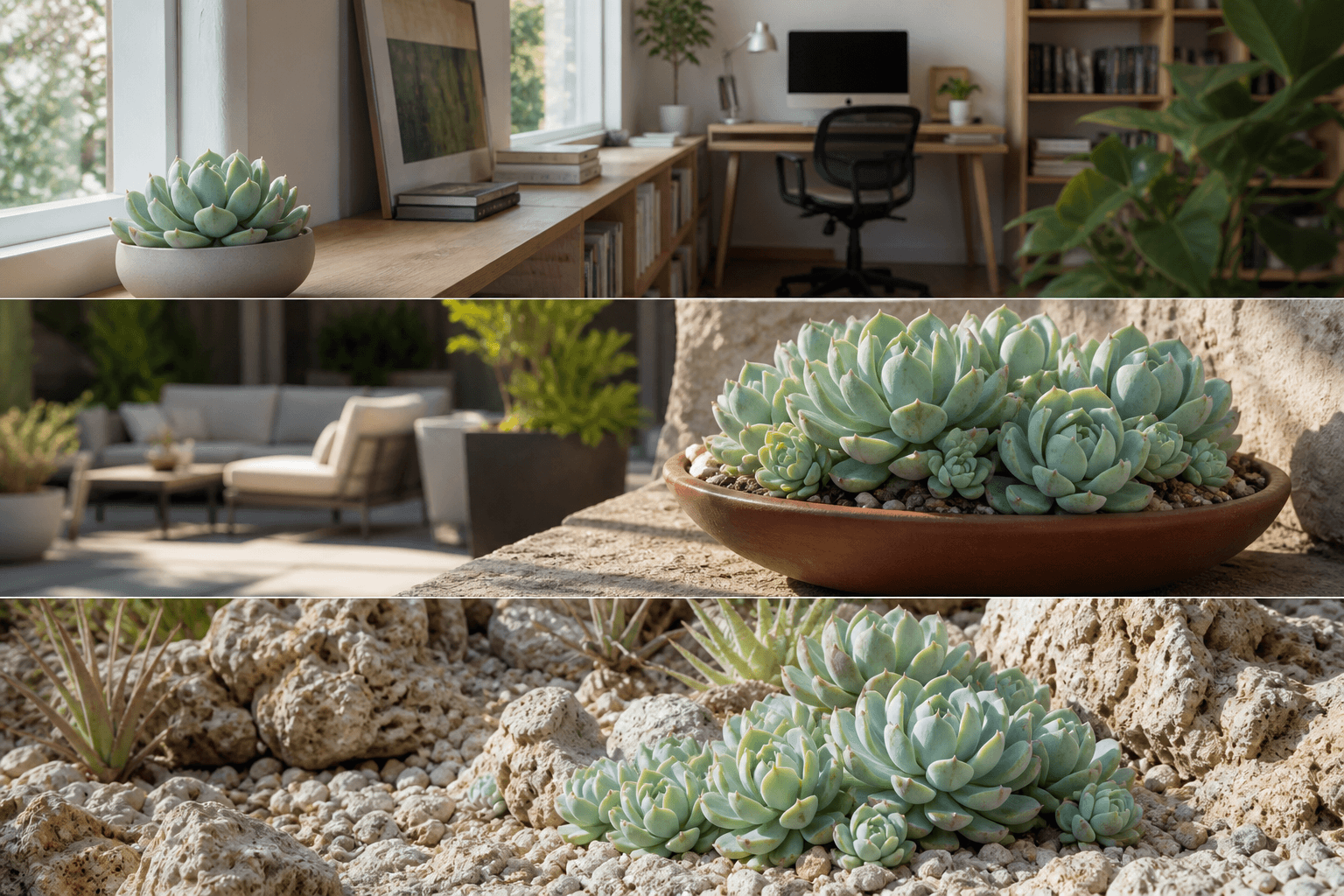 Mexican Snowball shown in three settings: Bright executive office, Modern living room, Sheltered patio
