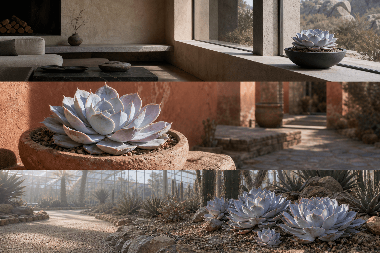 Lilacina echeveria rosette shown in three settings: Bright executive office, Modern living room, Sheltered patio