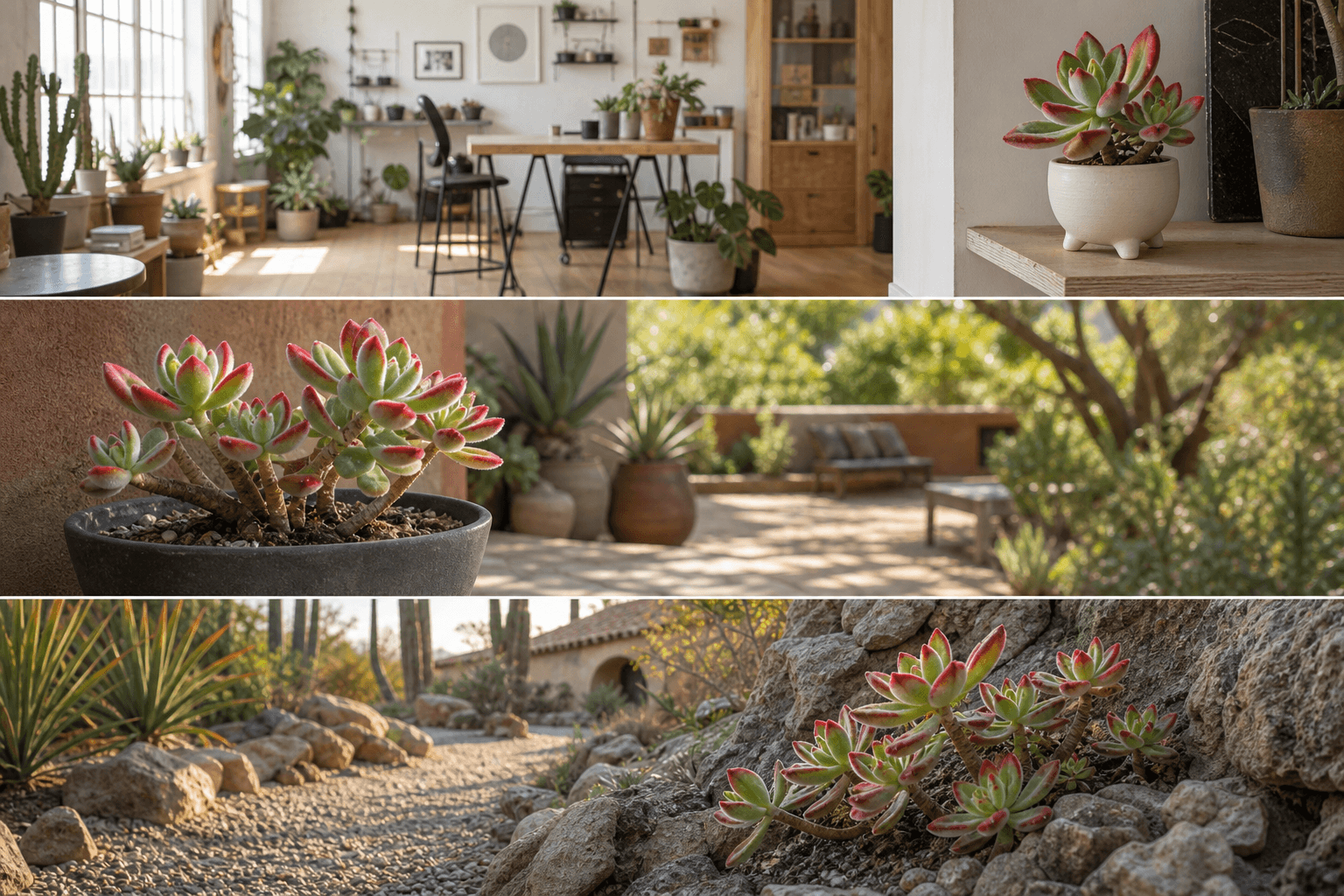 Pulvinata echeveria rosette shown in three settings: Bright executive office, Modern living room, Sheltered patio