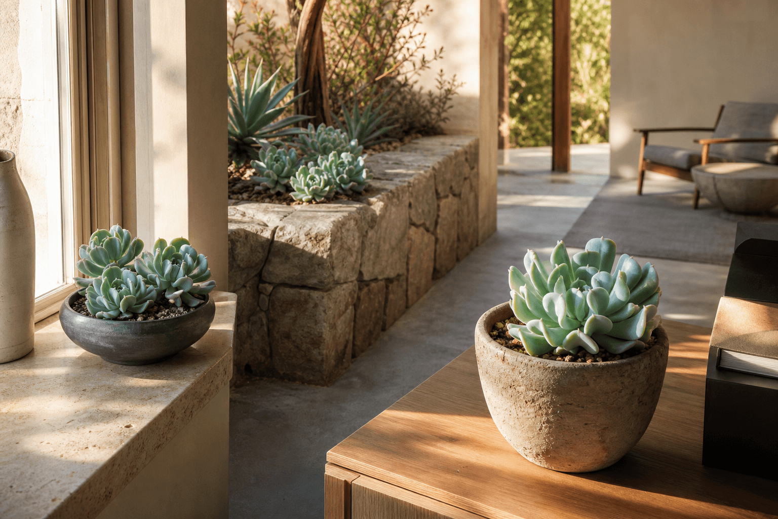 Runyonii echeveria rosette shown in three settings: Bright executive office, Modern living room, Sheltered patio