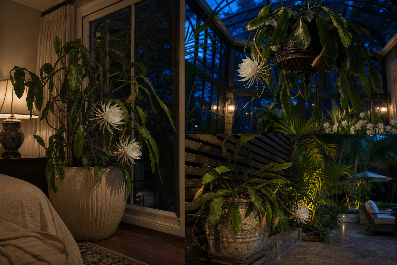 Queen of the Night Cactus shown in three settings: Refined living room, Bright architectural entryway, Sheltered patio