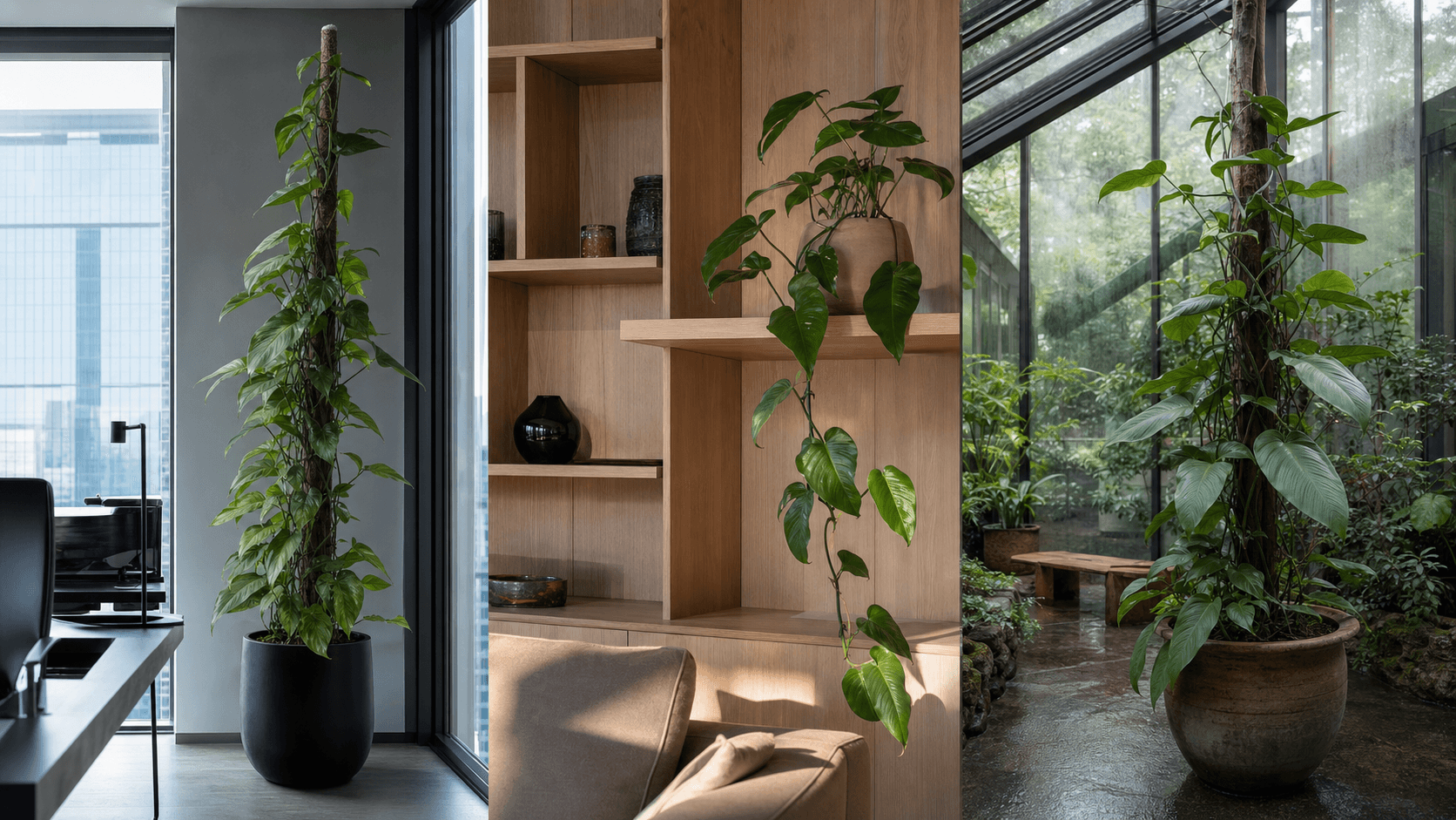 Amplissimum pothos vine shown in three settings: Living room trellis, Architectural entryway support, Conservatory wall
