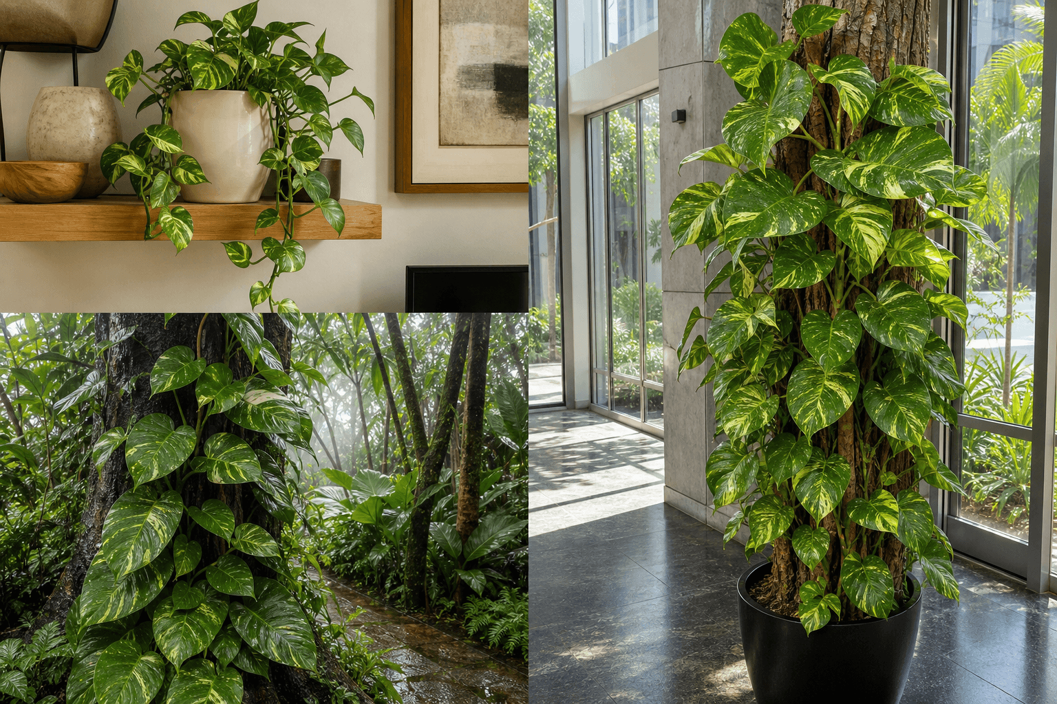 Golden Pothos shown in three settings: Living room trellis, Architectural entryway support, Conservatory wall