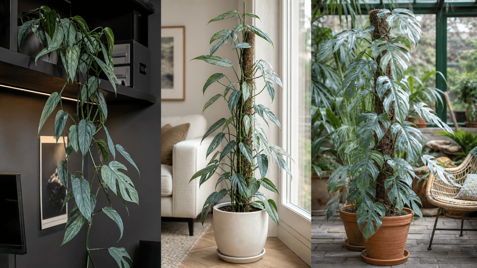 Epipremnum pinnatum ‘Cebu Blue’ shown in three settings: Executive office, Refined living room, Bright conservatory