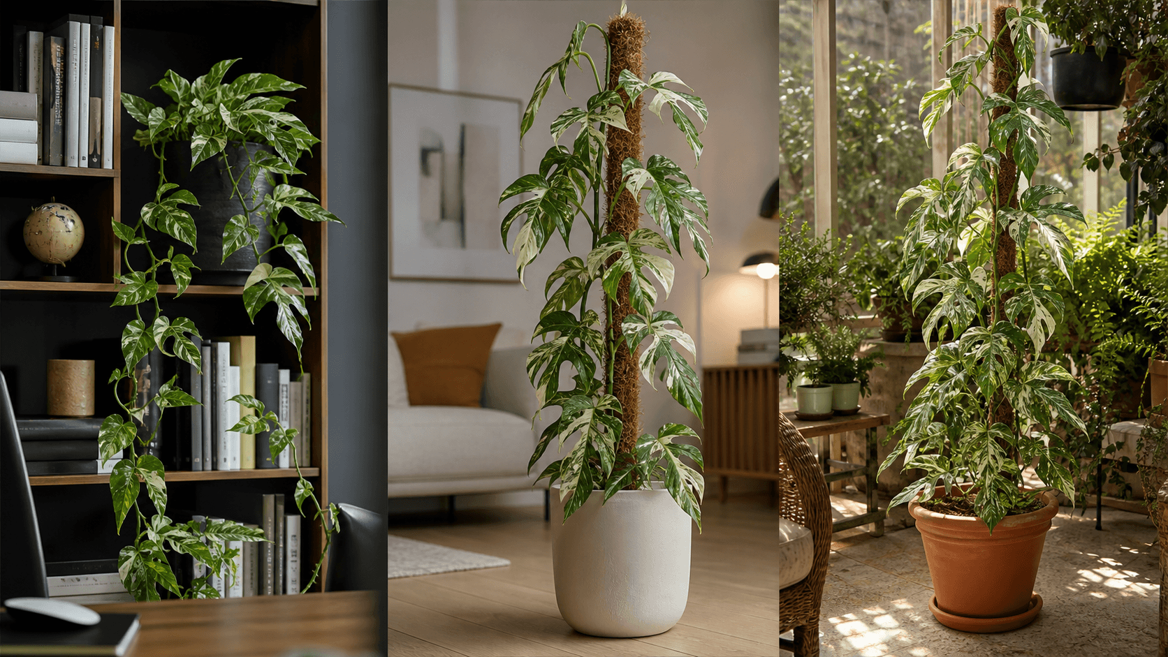 Epipremnum pinnatum ‘Marble’ shown in three settings: Executive office, Refined living room, Bright conservatory