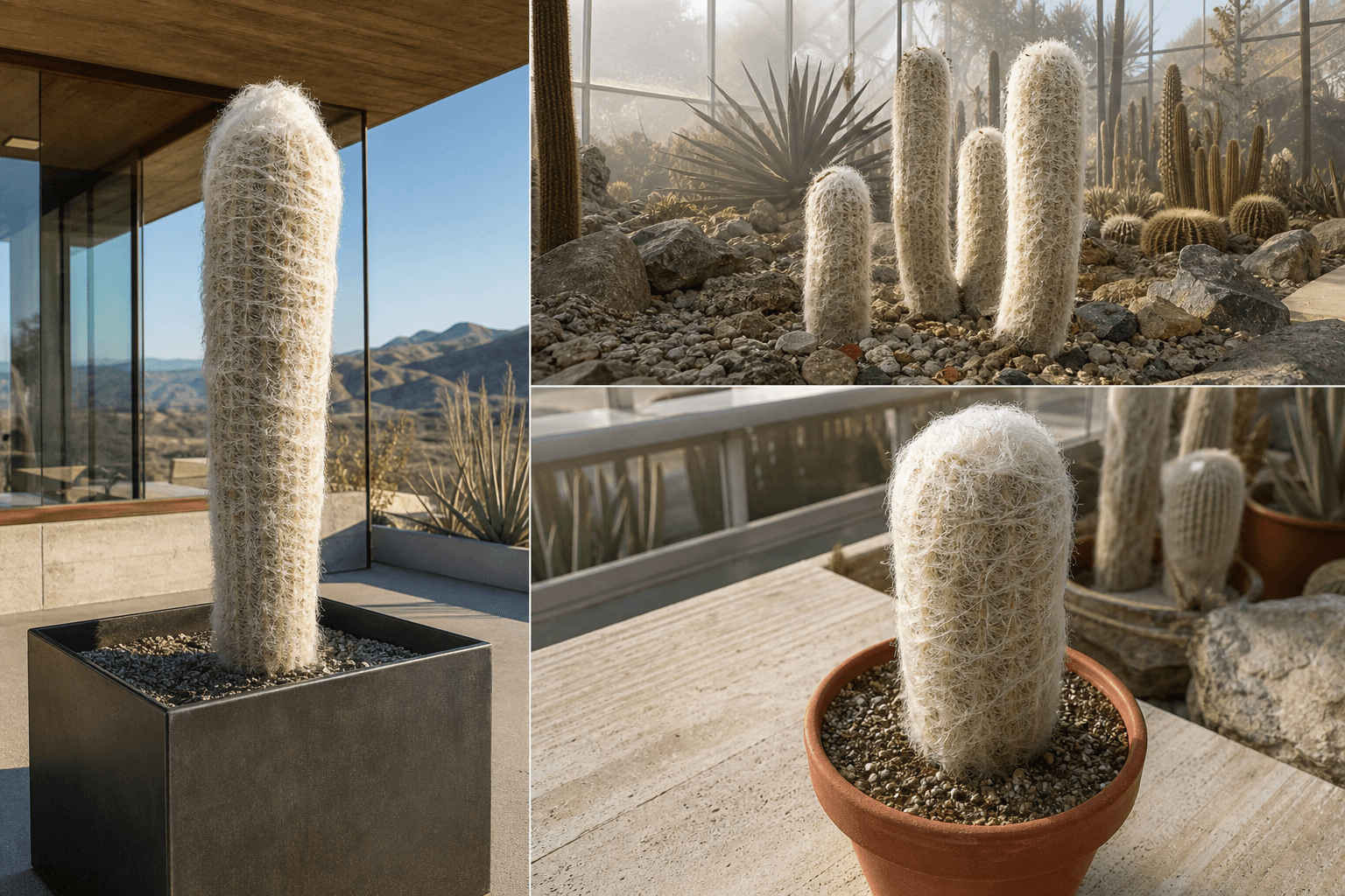 Lanata old-lady cactus shown in three settings: Bright executive office, Modern living room, Sheltered patio