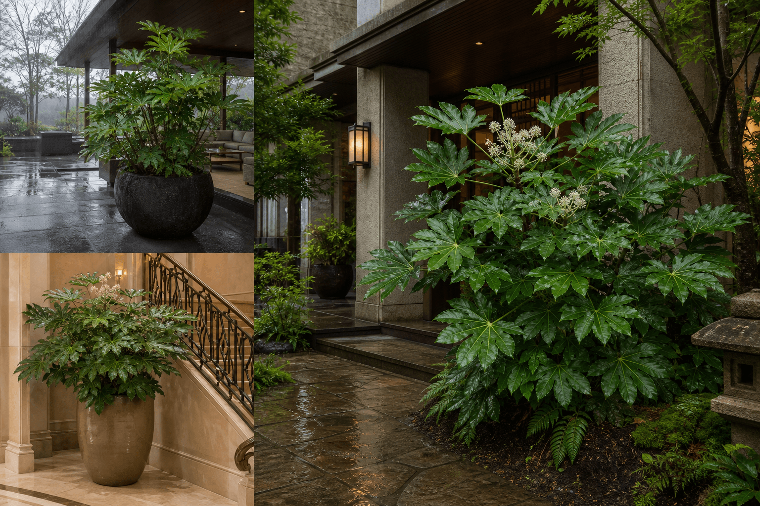 Japanese Aralia shown in three settings: Executive office, Refined living room, Bright conservatory