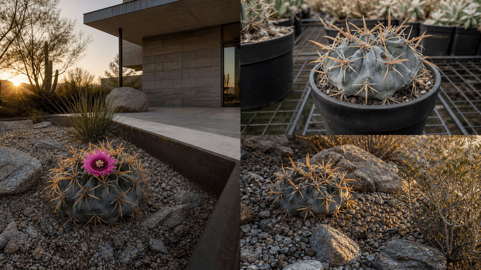 Latispinus barrel cactus shown in three settings: Bright executive office, Modern living room, Sheltered patio