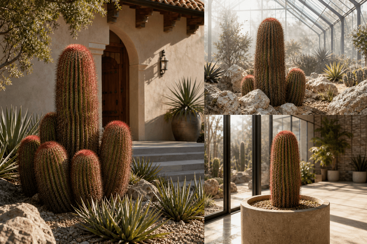 Pilosus barrel cactus shown in three settings: Bright executive office, Modern living room, Sheltered patio