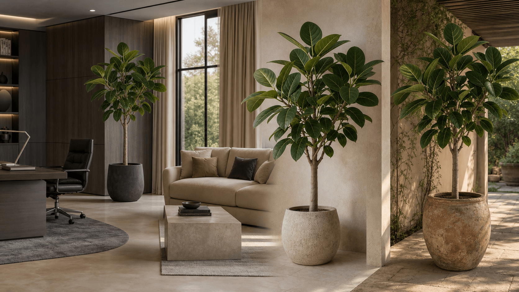Ficus Audrey shown in three settings: Executive office, Refined living room, Bright conservatory