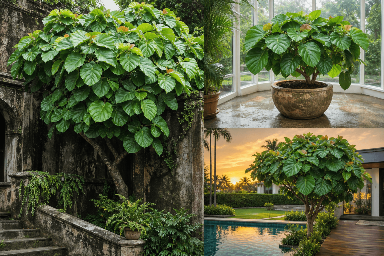 Auriculata fig tree shown in three settings: Executive office, Refined living room, Bright conservatory
