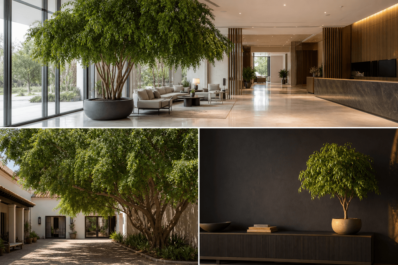 Weeping Fig shown in three settings: Executive office, Refined living room, Bright conservatory