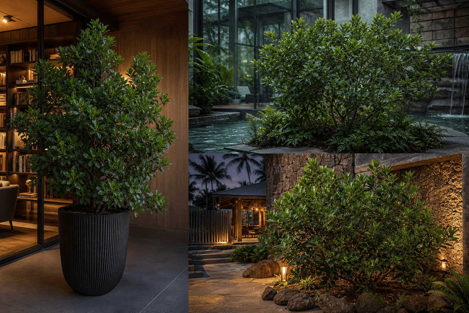 Cyathistipula fig tree shown in three settings: Executive office, Refined living room, Bright conservatory
