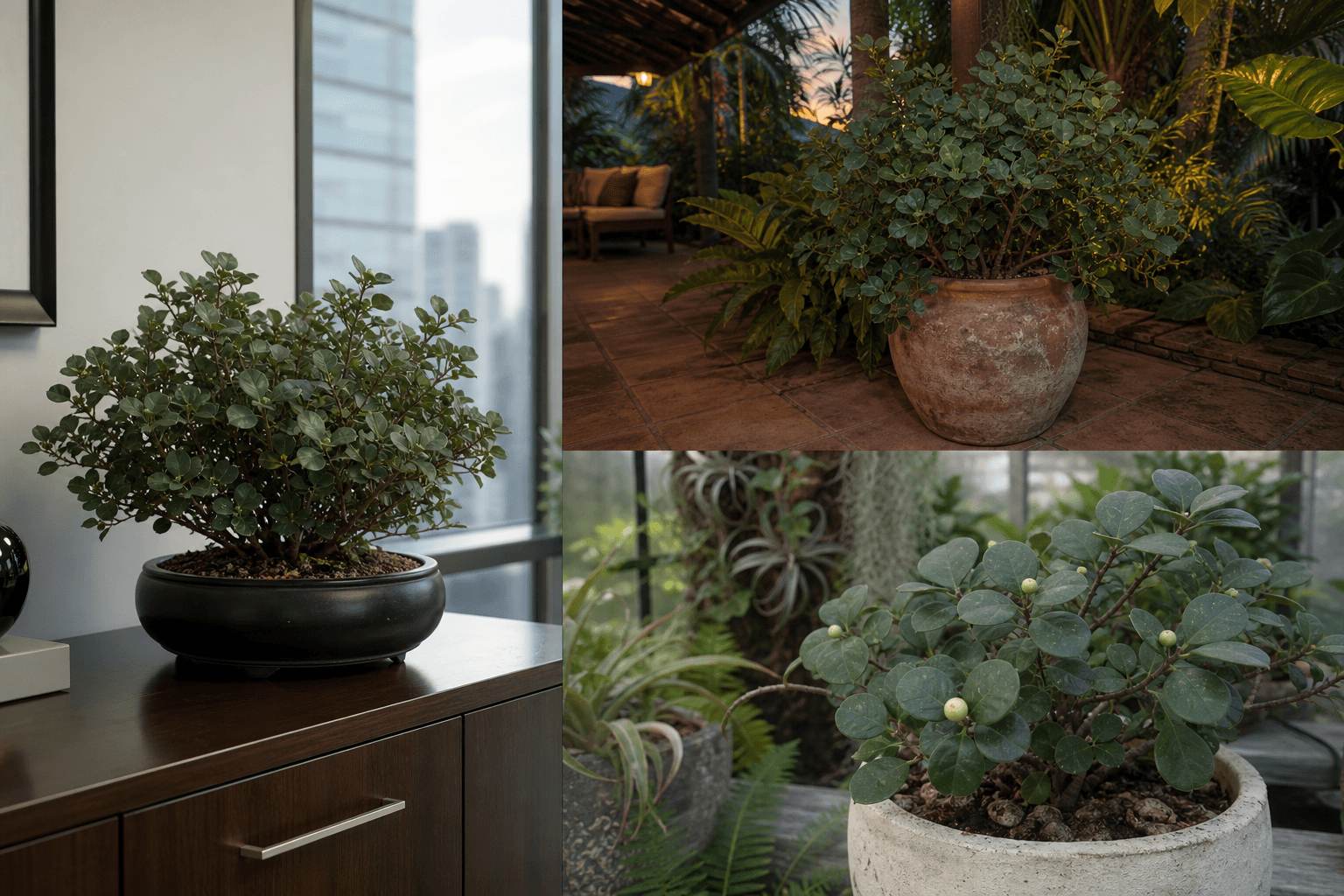 Deltoidea fig tree shown in three settings: Executive office, Refined living room, Bright conservatory