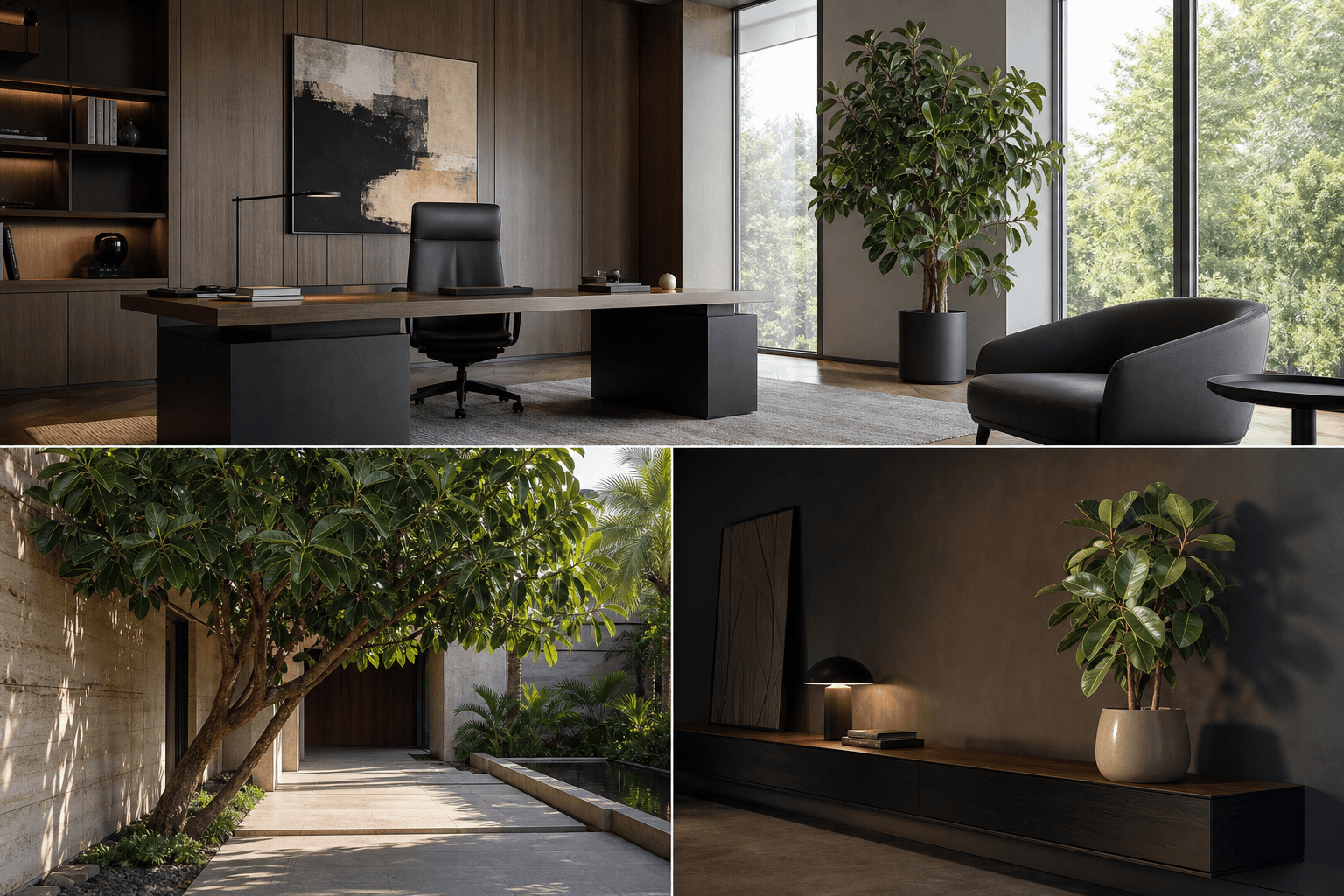 Rubber plant shown in three settings: Executive office, Refined living room, Bright conservatory